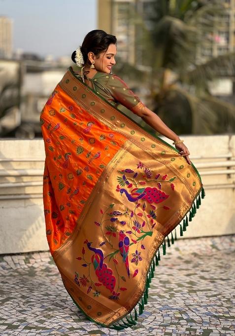 Green Zari Woven Silk Blend Saree Set