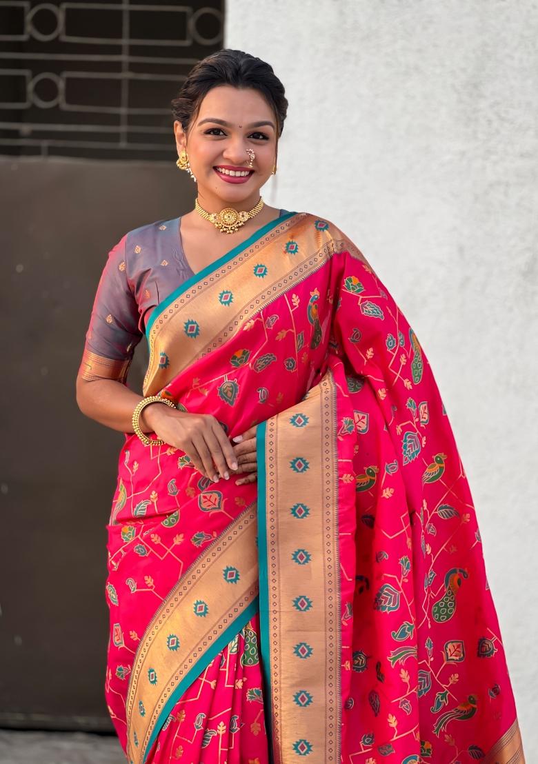 Purple Zari Woven Silk Blend Saree Set