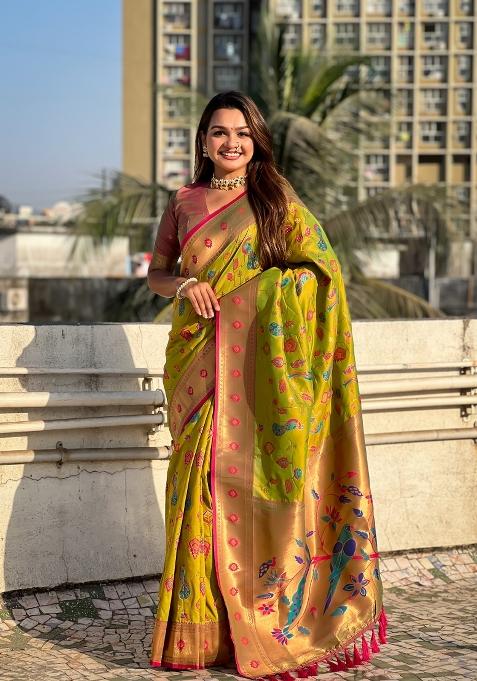 Pink Zari Woven Silk Blend Saree Set