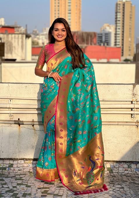 Pink Zari Woven Silk Blend Saree Set