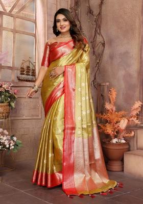 Red Zari Woven Silk Blend Saree Set