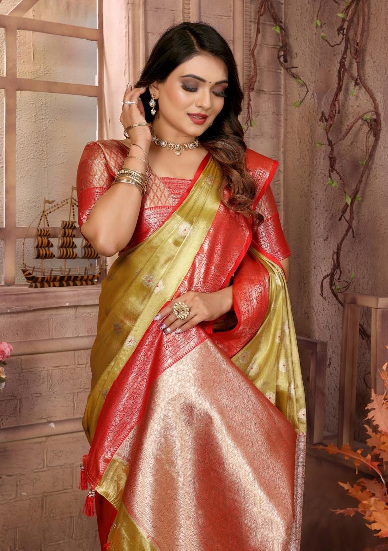 Red Zari Woven Silk Blend Saree Set