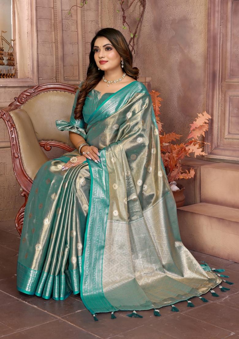 Blue Zari Woven Silk Blend Saree Set