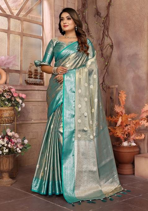 Blue Zari Woven Silk Blend Saree Set