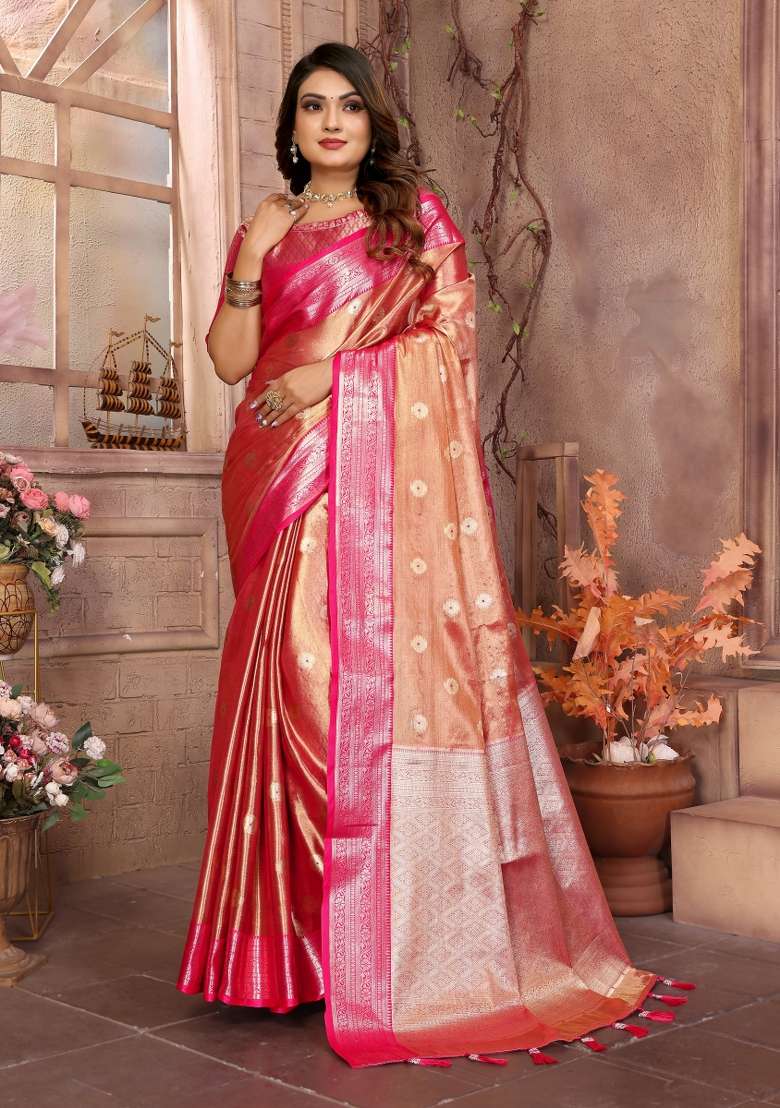 Pink Zari Woven Silk Blend Saree Set - Indya