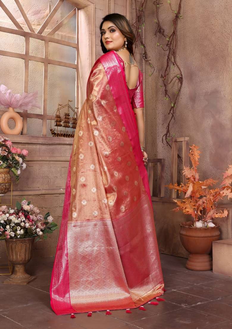 Pink Zari Woven Silk Blend Saree Set - Indya