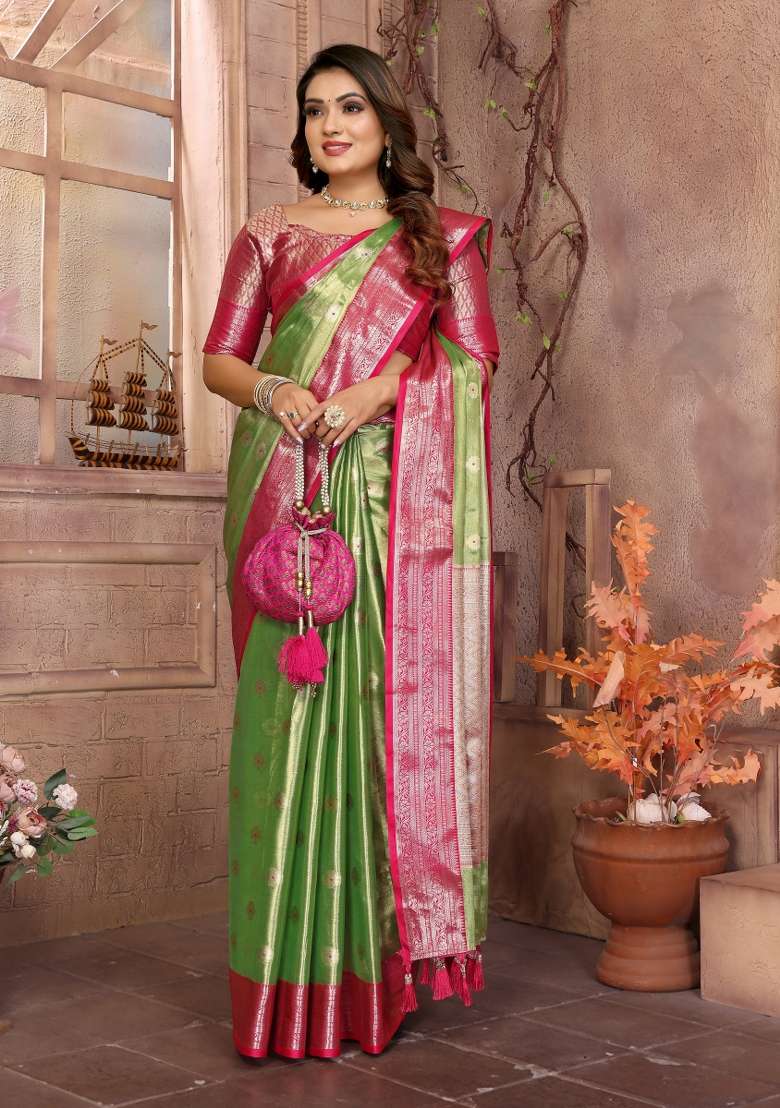 Pink Zari Woven Silk Blend Saree Set - Indya