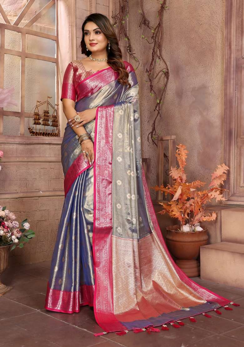 Pink Zari Woven Silk Blend Saree Set - Indya