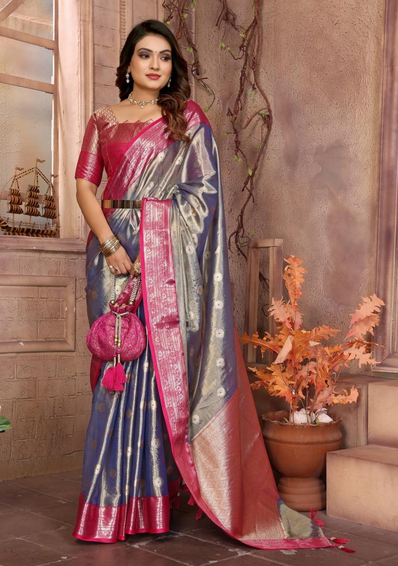 Pink Zari Woven Silk Blend Saree Set