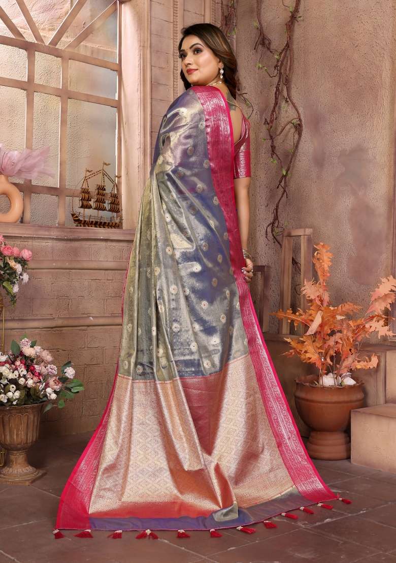 Pink Zari Woven Silk Blend Saree Set - Indya