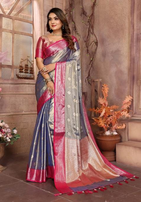 Pink Zari Woven Silk Blend Saree Set