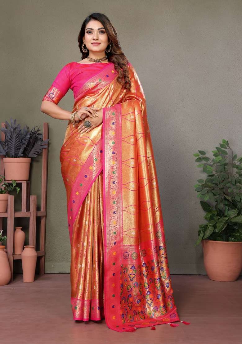 Pink Zari Woven Silk Blend Saree Set - Indya