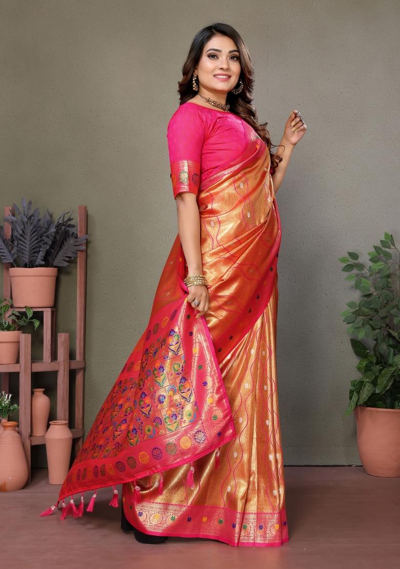 Pink Zari Woven Silk Blend Saree Set