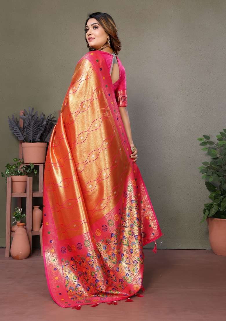 Pink Zari Woven Silk Blend Saree Set - Indya