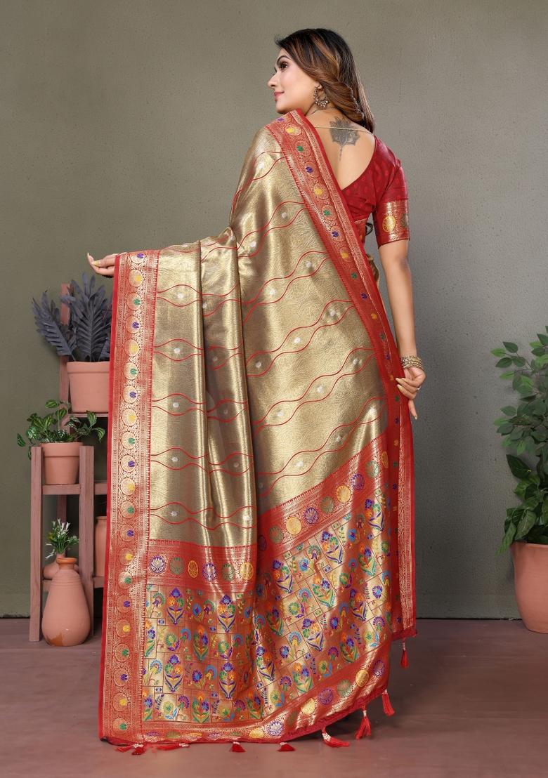 Rust Brown Zari Woven Silk Blend Saree Set