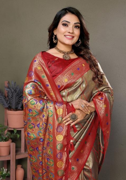 Rust Brown Zari Woven Silk Blend Saree Set