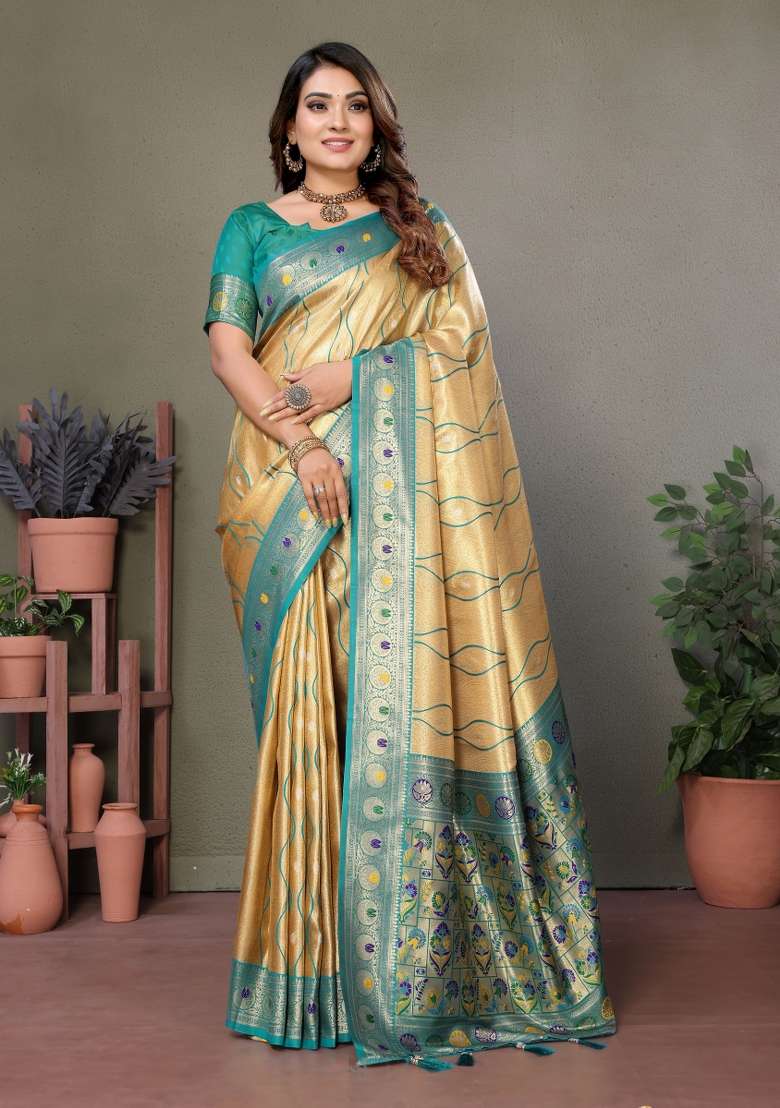 Teal Blue Zari Woven Silk Blend Saree Set - Indya