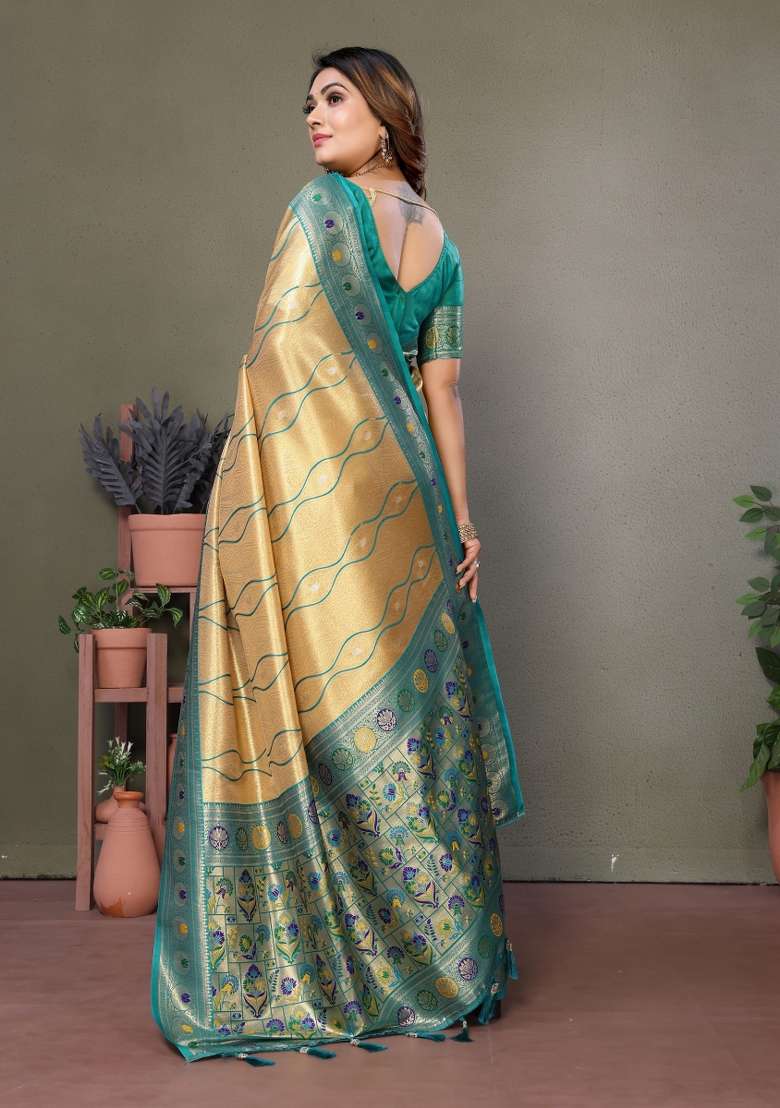 Teal Blue Zari Woven Silk Blend Saree Set - Indya