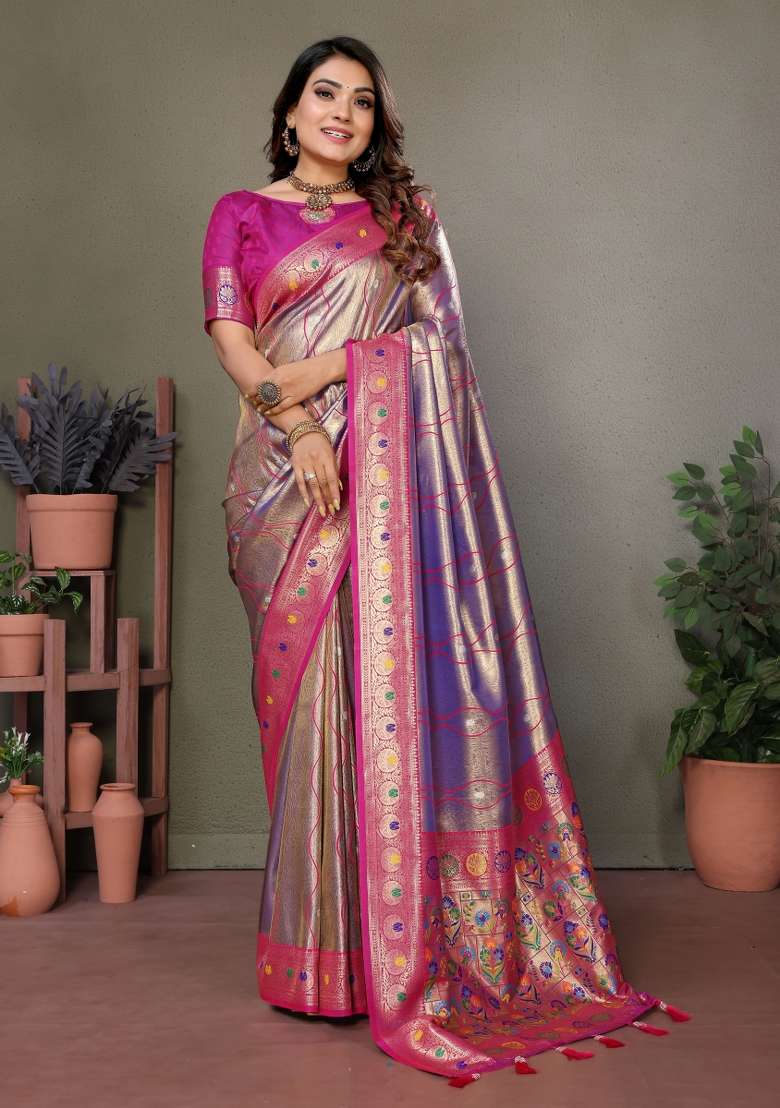 Pink Zari Woven Silk Blend Saree Set - Indya