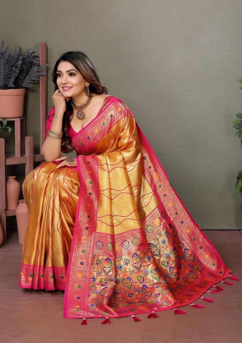 Pink Zari Woven Silk Blend Saree Set