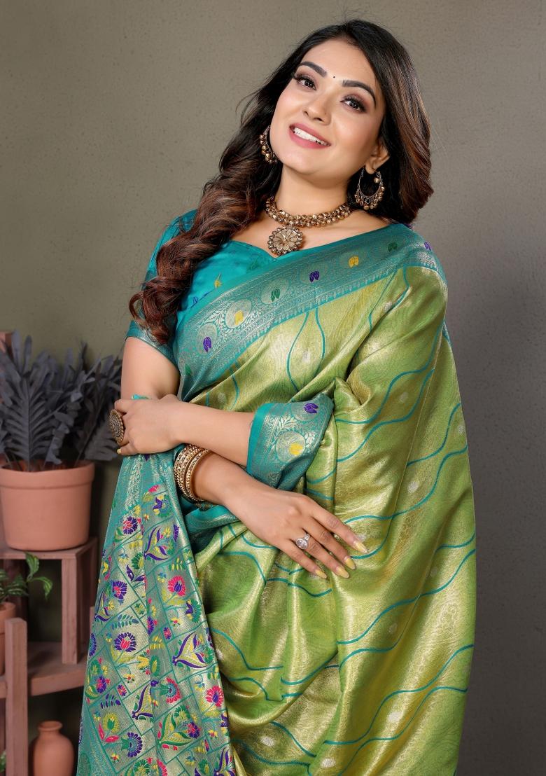 Green Zari Woven Silk Blend Saree Set
