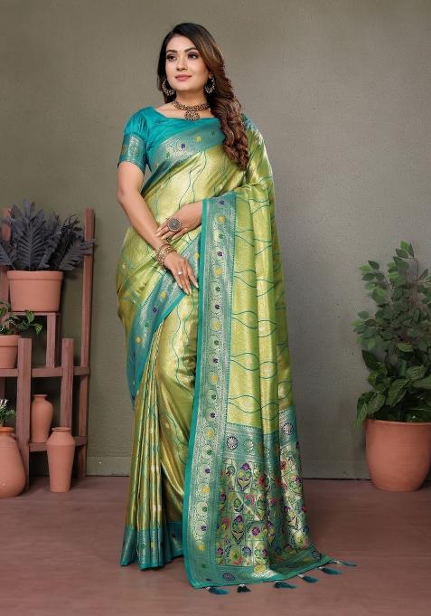 Green Zari Woven Silk Blend Saree Set