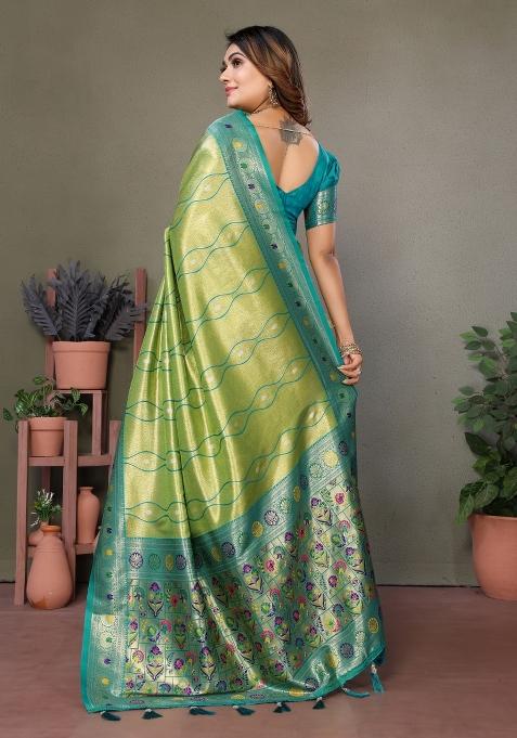 Green Zari Woven Silk Blend Saree Set