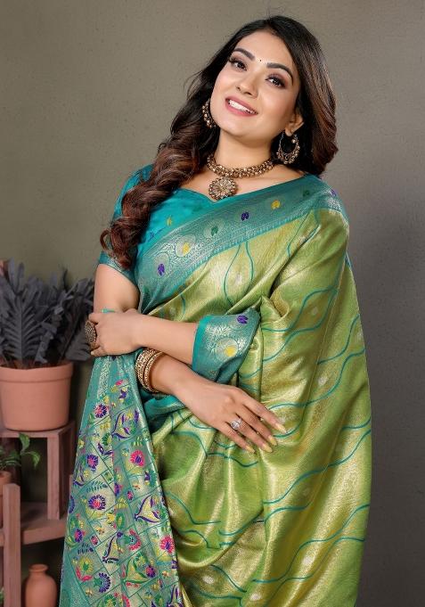 Green Zari Woven Silk Blend Saree Set