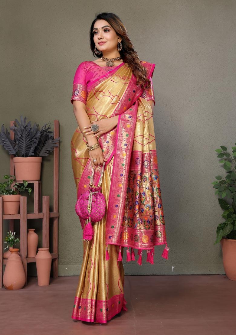 Pink Zari Woven Silk Blend Saree Set