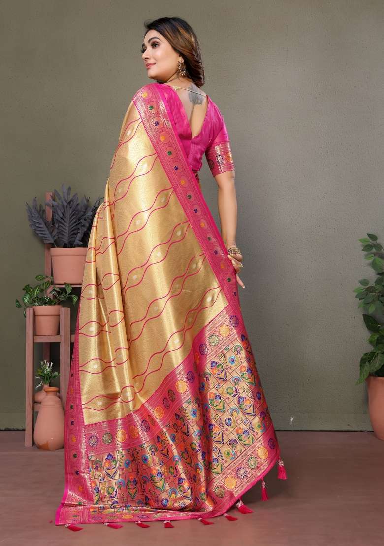 Pink Zari Woven Silk Blend Saree Set - Indya