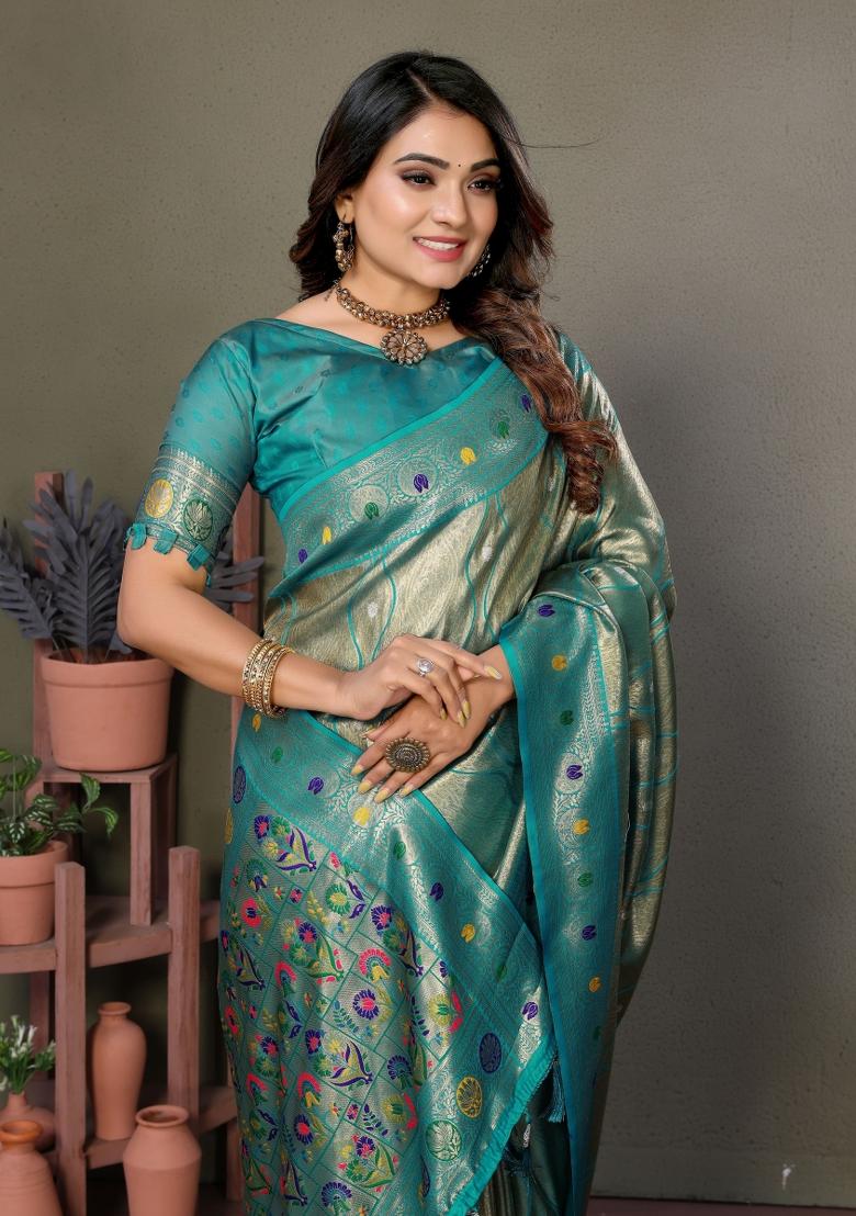 Green Zari Woven Silk Blend Saree Set