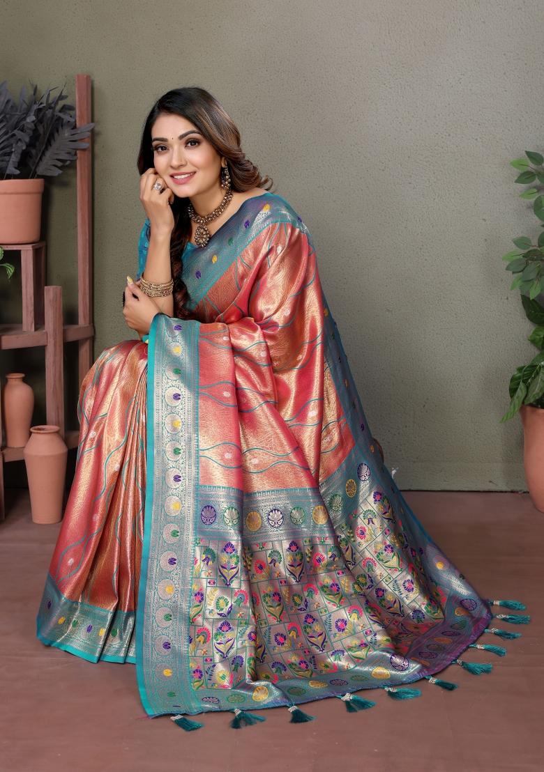 Purple Zari Woven Silk Blend Saree Set