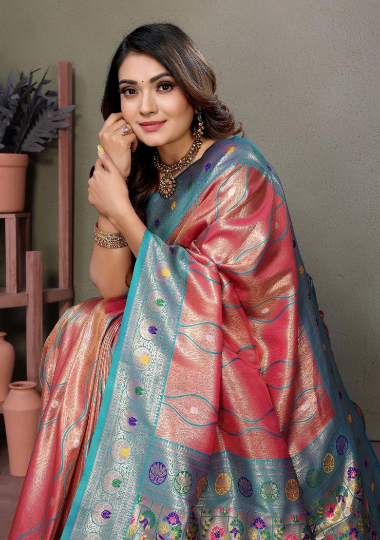 Purple Zari Woven Silk Blend Saree Set