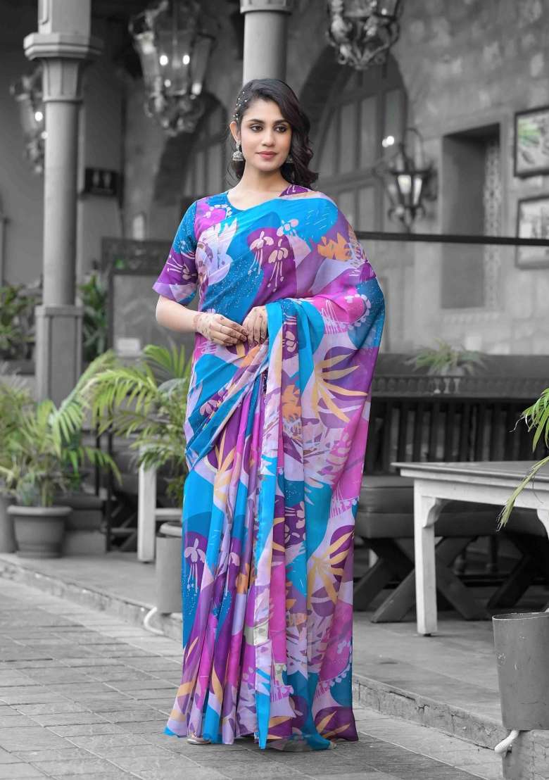 Multicolor Abstract Print Georgette Saree Set - Indya