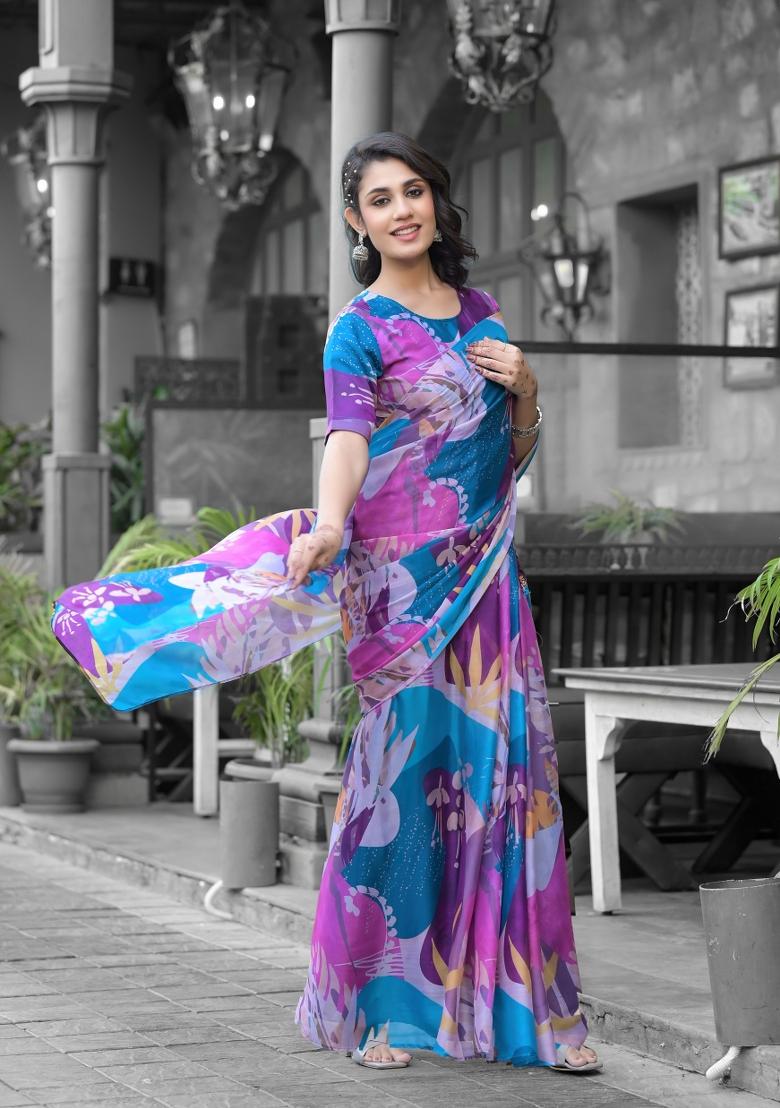 Multicolor Abstract Print Georgette Saree Set
