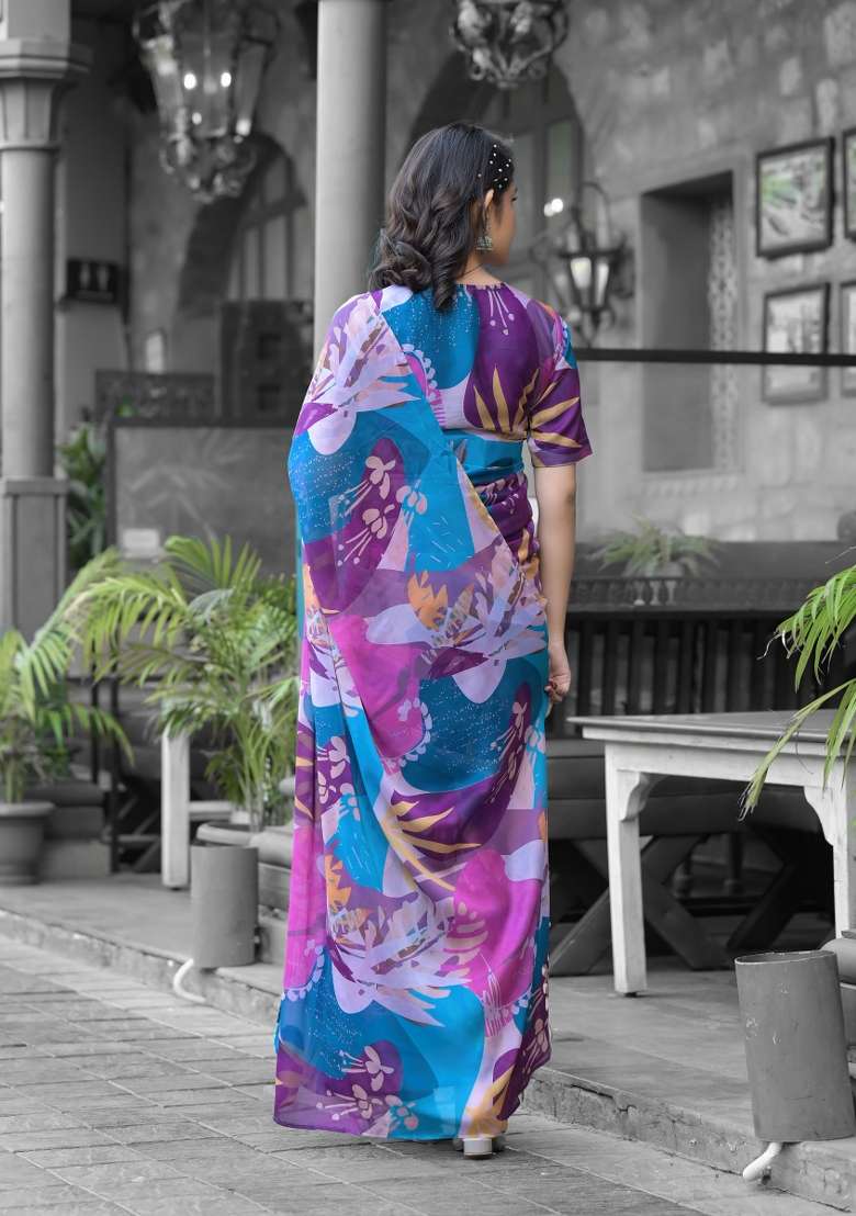 Multicolor Abstract Print Georgette Saree Set - Indya
