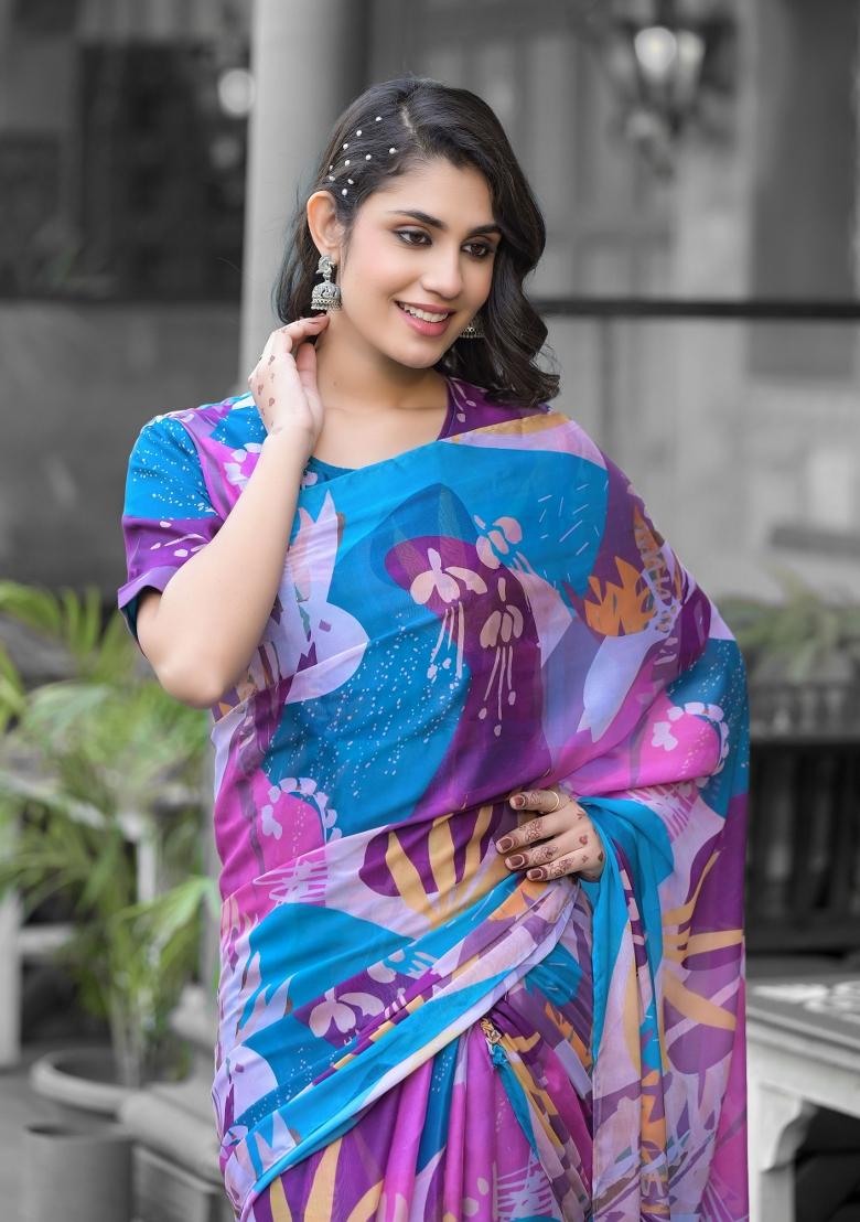 Multicolor Abstract Print Georgette Saree Set