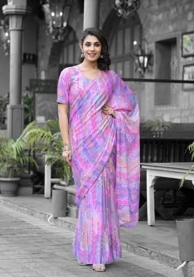 Purple Abstract Print Georgette Saree Set