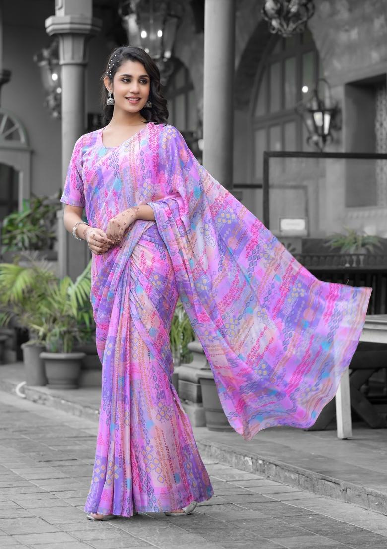 Purple Abstract Print Georgette Saree Set