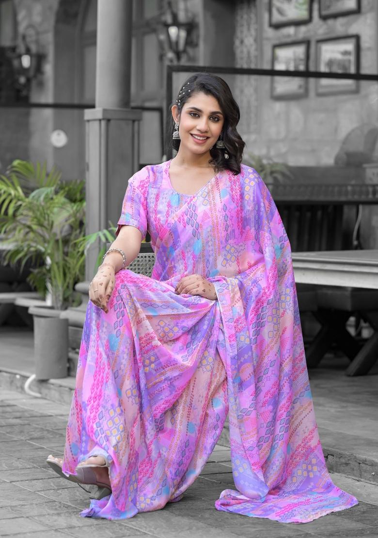 Purple Abstract Print Georgette Saree Set