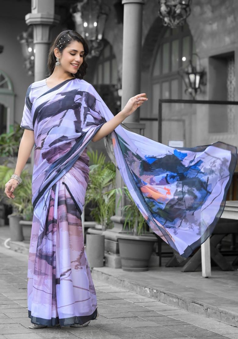 Off White Abstract Print Georgette Saree Set