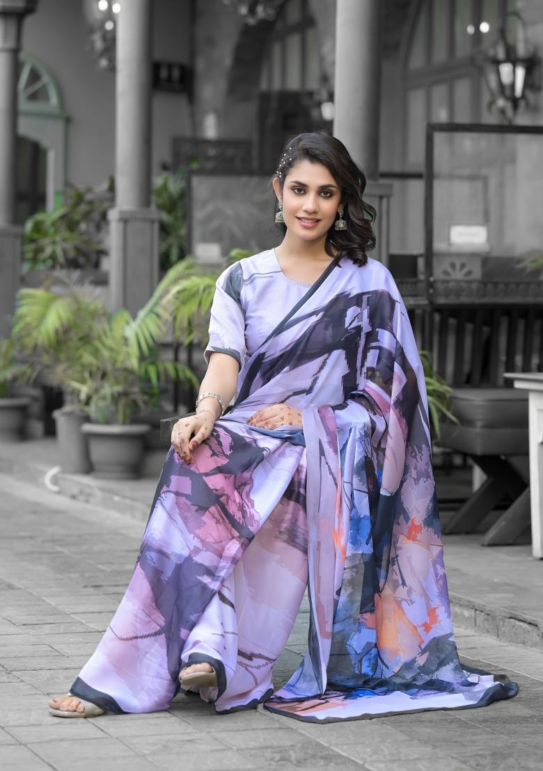 Off White Abstract Print Georgette Saree Set