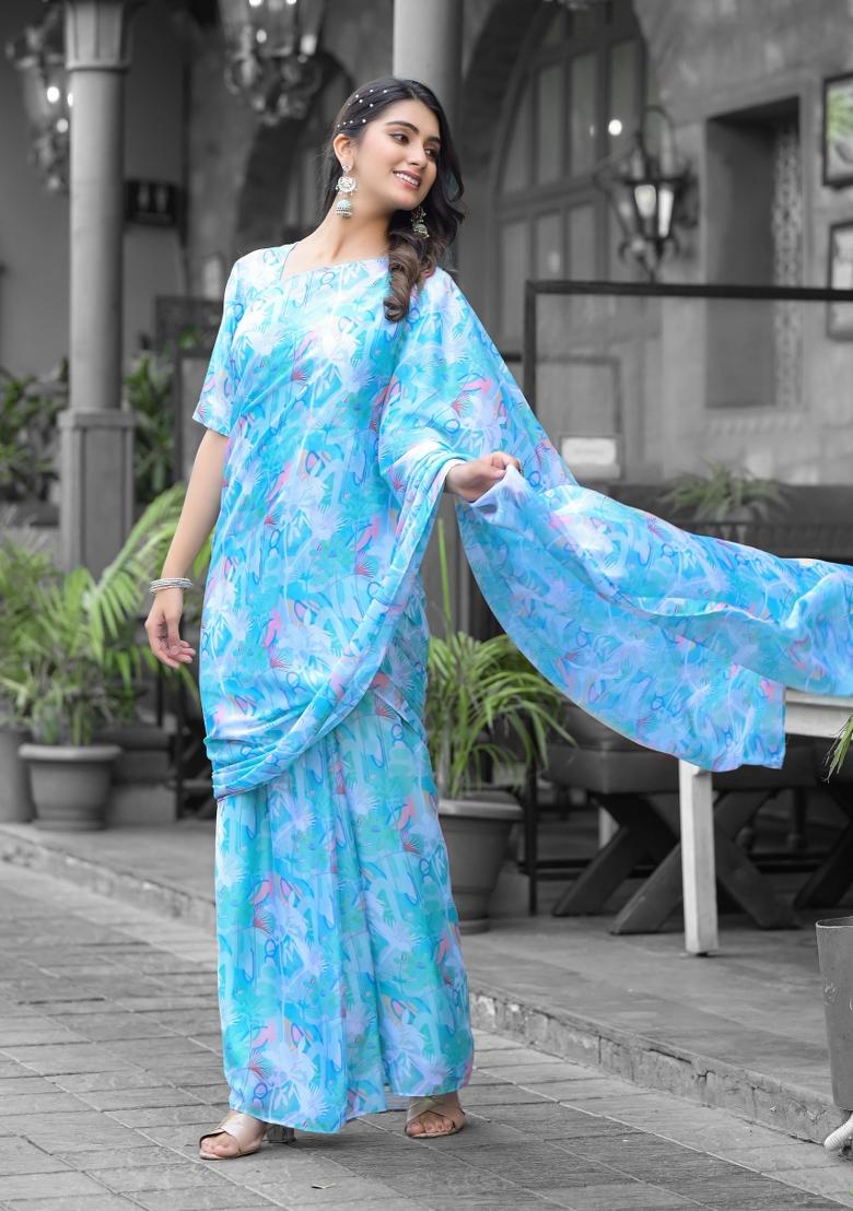 Sea Green Abstract Print Georgette Saree Set