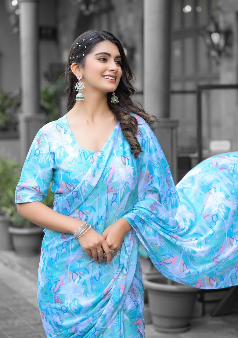 Sea Green Abstract Print Georgette Saree Set