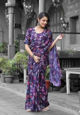 Violet Abstract Print Georgette Saree Set