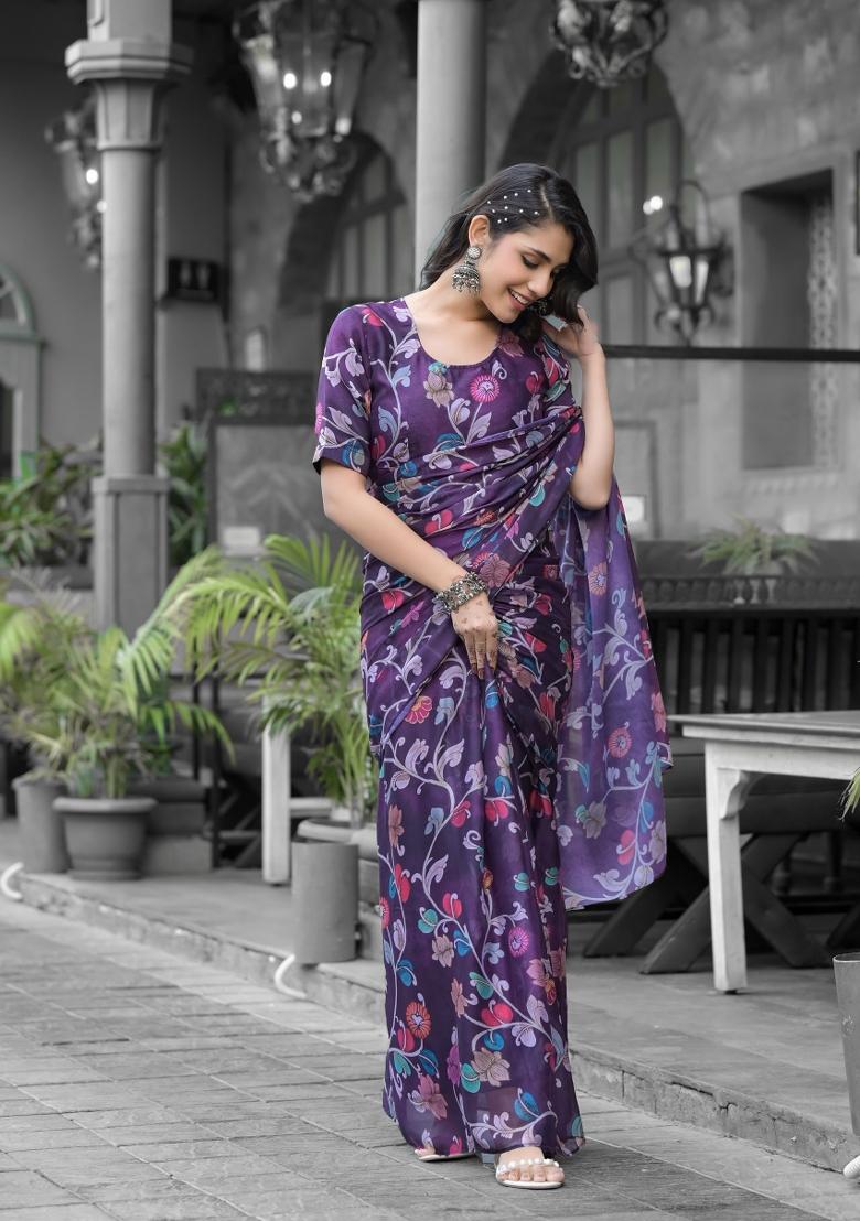 Violet Abstract Print Georgette Saree Set