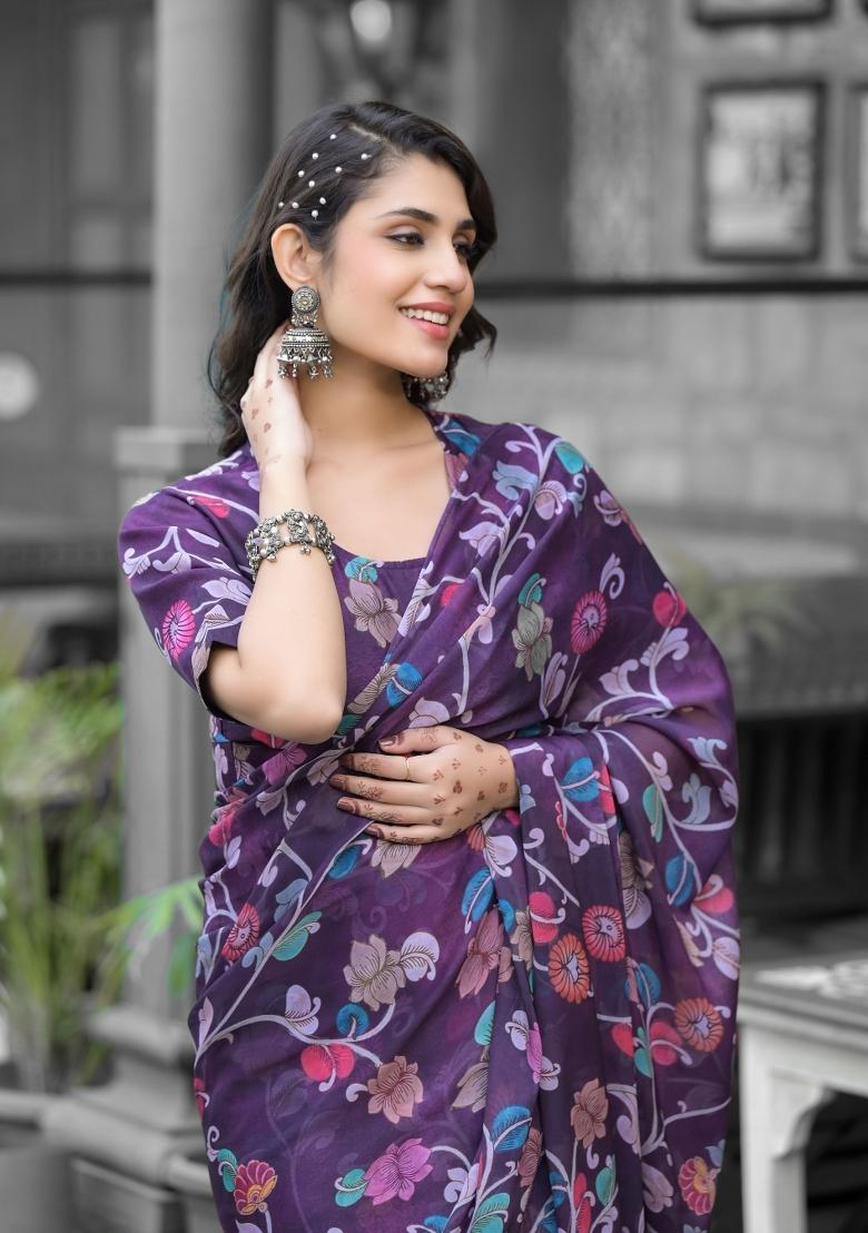 Violet Abstract Print Georgette Saree Set