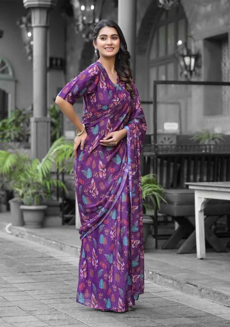 Purple Abstract Print Georgette Saree Set