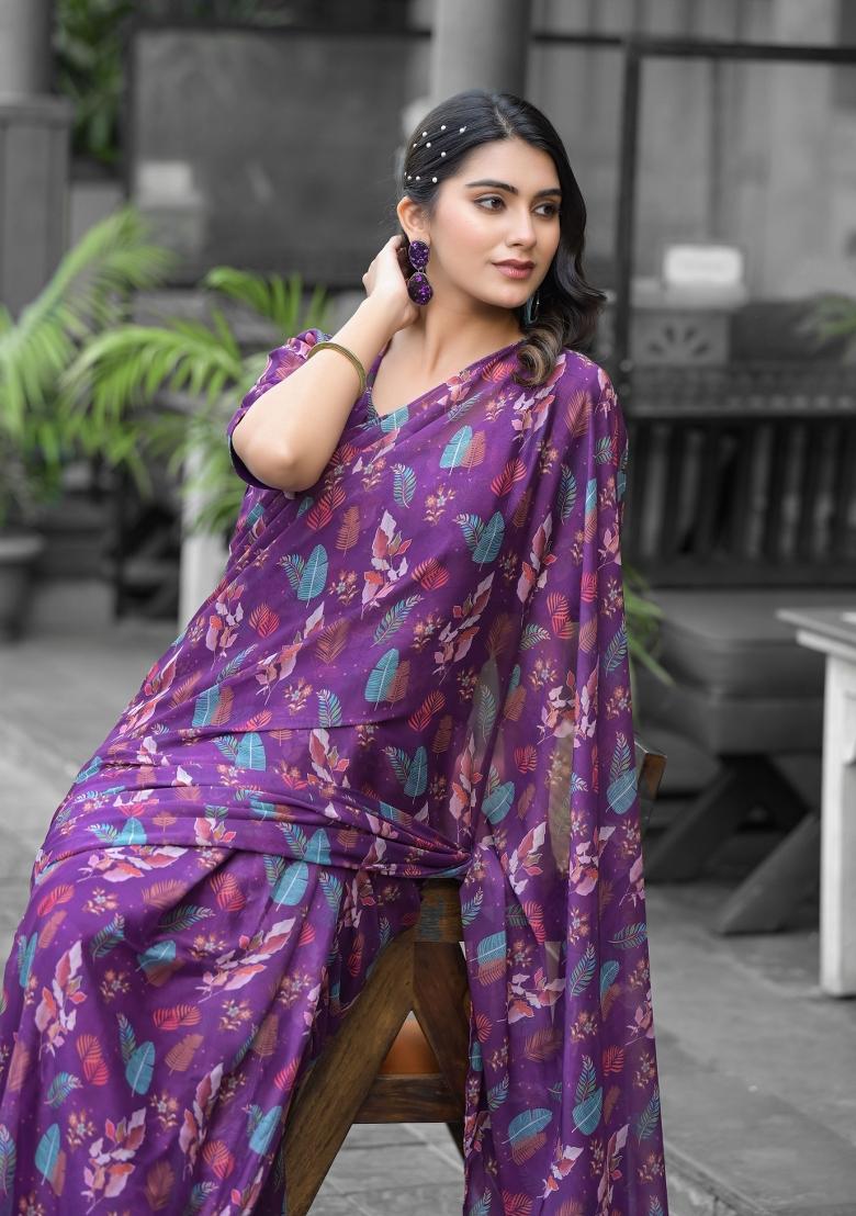 Purple Abstract Print Georgette Saree Set