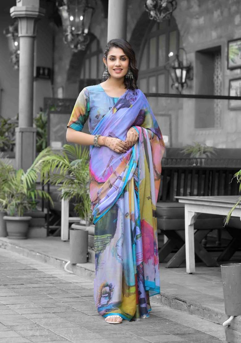 Multicolor Abstract Print Georgette Saree Set - Indya